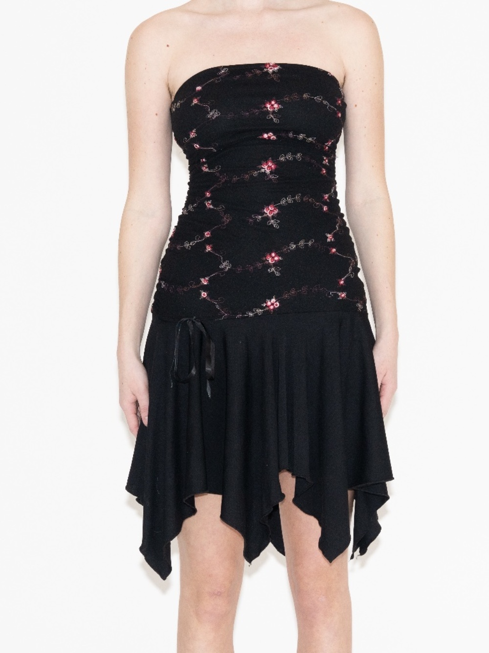 Vintage strapless mini dress flower embroidered size medium hourglass stretchy